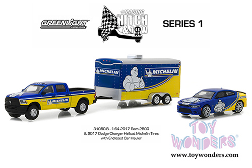 Greenlight - Racing Hitch & Tow Series 1 | 2017 Ram 2500 and 2017 Dodge Charger SRT Hellcat Michelin Tires with Enclosed Car Hauler (1/64 scale diecast model car, Yellow/Blue) 31050B/24