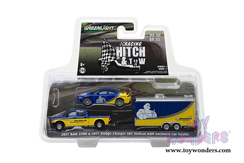 Greenlight - Racing Hitch & Tow Series 1 | 2017 Ram 2500 and 2017 Dodge Charger SRT Hellcat Michelin Tires with Enclosed Car Hauler (1/64 scale diecast model car, Yellow/Blue) 31050B/24