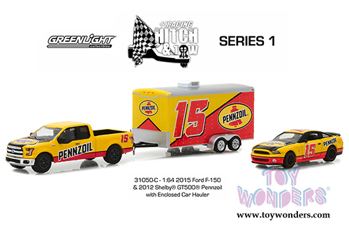 Greenlight - Racing Hitch & Tow Series 1 | 2015 Ford F-150 and 2012 Shelby GT500 Pennzoil with Enclosed Car Hauler (1/64 scale diecast model car, Yellow/Red) 31050C/24