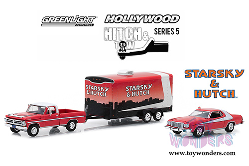 Greenlight - Hollywood Hitch & Tow Series 5 | Starsky and Hutch (TV Series, 1975-79) 1972 Ford F-100 with 1976 Ford Gran Torino in Enclosed Car Hauler (1/64 scale diecast model car, Red w/White) 31060A/24