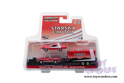 Greenlight - Hollywood Hitch & Tow Series 5 | Starsky and Hutch (TV Series, 1975-79) 1972 Ford F-100 with 1976 Ford Gran Torino in Enclosed Car Hauler (1/64 scale diecast model car, Red w/White) 31060A/24