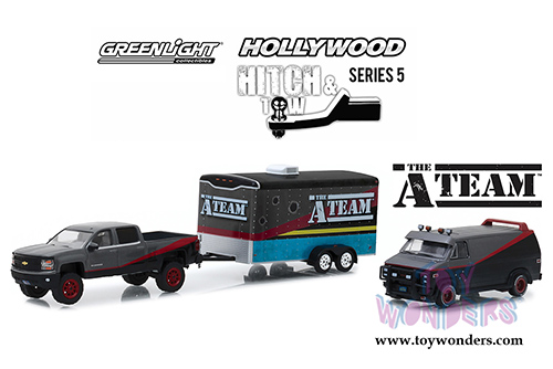 Greenlight - Hollywood Hitch & Tow Series 5 | The A-Team (1983-1987) TV Series 2015 Chevrolet Silverado with 1983 GMC Vandura and Enclosed Car Hauler (1/64 scale diecast model car, Black w/Gray) 31060B/24