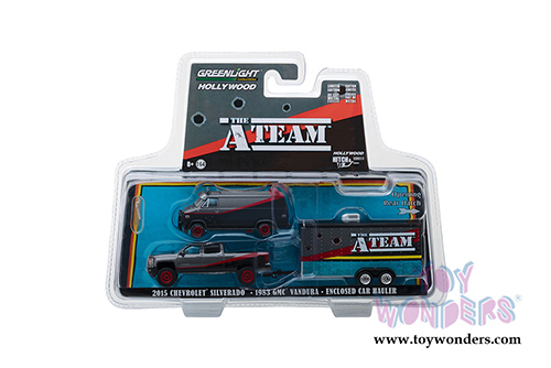 Greenlight - Hollywood Hitch & Tow Series 5 | The A-Team (1983-1987) TV Series 2015 Chevrolet Silverado with 1983 GMC Vandura and Enclosed Car Hauler (1/64 scale diecast model car, Black w/Gray) 31060B/24