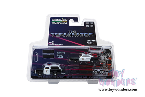 Greenlight - Hollywood Hitch & Tow Series 5 | The Terminator (1984 movie) 1977 Dodge Ramcharger with 1977 Dodge Monaco Metropolitan Police on Flatbed Trailer (1/64 scale diecast model car, Black w/White) 31060C/24