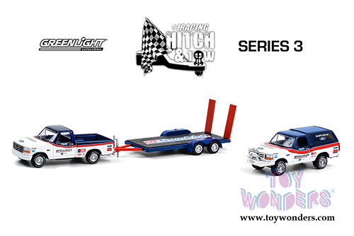 Greenlight - Racing Hitch & Tow Series 3 | Ford F-150 Pickup Truck and Ford Bronco with Flatbed Trailer BFGoodrich (1992, 1/64 scale diecast model car, Blue/White) 31110A/24