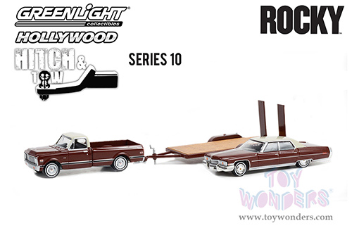 Greenlight - Hollywood Hitch & Tow Series 10 | Rocky (1976) 1972 Chevrolet C-10 with Rocky's 1973 Cadillac Sedan deVille  on Flatbed Trailer (1/64 scale diecast model car, Brown/Cream) 31130A/24