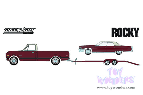 Greenlight - Hollywood Hitch & Tow Series 10 | Rocky (1976) 1972 Chevrolet C-10 with Rocky's 1973 Cadillac Sedan deVille  on Flatbed Trailer (1/64 scale diecast model car, Brown/Cream) 31130A/24