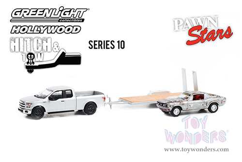 Greenlight - Hollywood Hitch & Tow Series 10 | Pawn Stars (2009) 2015 Ford F-150 Pickup Truck with 1968 Ford Mustang GT Fastback (Unrestored) and Flatbed Trailer (1/64 scale diecast model car, Silver Metallic) 31130B/24