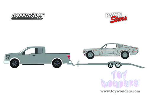 Greenlight - Hollywood Hitch & Tow Series 10 | Pawn Stars (2009) 2015 Ford F-150 Pickup Truck with 1968 Ford Mustang GT Fastback (Unrestored) and Flatbed Trailer (1/64 scale diecast model car, Silver Metallic) 31130B/24