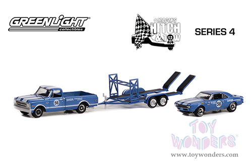 Greenlight - Hitch & Tow Series 14 | 1968 Chevrolet&reg; C-10 Pickup Truck #56 and 1967 Chevrolet&reg; Camaro&reg; #56 on Tandem Car Trailer (1/64 scale diecast model car, Blue) 31140A/24
