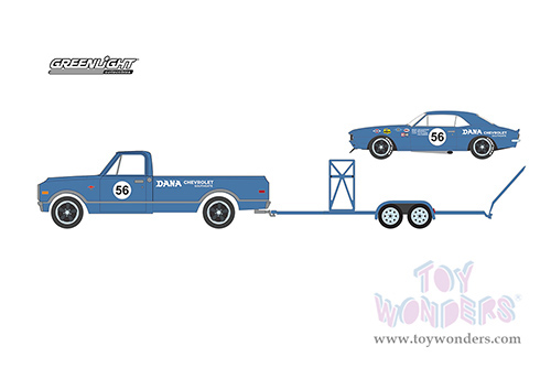 Greenlight - Hitch & Tow Series 14 | 1968 Chevrolet&reg; C-10 Pickup Truck #56 and 1967 Chevrolet&reg; Camaro&reg; #56 on Tandem Car Trailer (1/64 scale diecast model car, Blue) 31140A/24
