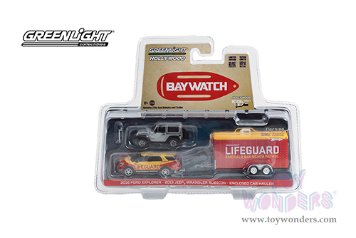Greenlight - Hollywood Hitch & Tow Series 11 | Baywatch 2016 Ford Explorer Emerald Bay Beach Patrol Lifeguard with 2013 Jeep® Wrangler Rubicon in Enclosed Car Hauler (1/64 scale diecast model car, Asstd.) 31150B/24