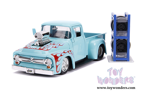 Jada Toys Just Trucks - Ford F-100 Pickup Truck with Extra Wheels (1956, 1/24 scale diecast model car, Turquoise w/Flames) 31542