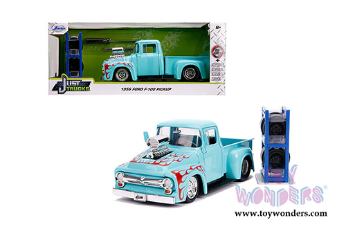 Jada Toys Just Trucks - Ford F-100 Pickup Truck with Extra Wheels (1956, 1/24 scale diecast model car, Turquoise w/Flames) 31542