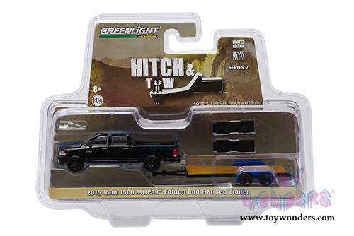 Greenlight - Hitch & Tow Series 7 - 2015 RAM 1500 MOPAR Edition and Flatbed Trailer (1/64 scale diecast model car, Black) 32070C/48