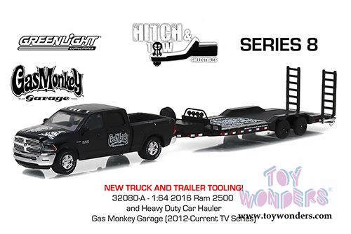 Greenlight - Hitch & Tow Series 8 | Dodge Ram 2500 and Heavy Duty Hauler Gas Monkey Garage (2016, 1/64 scale diecast model car, Black) 32080A