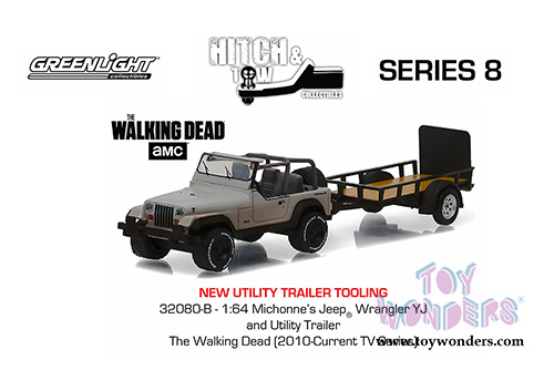Greenlight - Hitch & Tow Series 8 | Michonne's Jeep Wrangler YJ and Utility Trailer "The Walking Dead" (1/64 scale diecast model car, Beige) 32080B