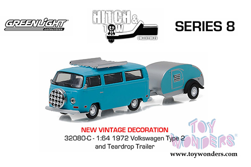 Greenlight - Hitch & Tow Series 8 | Volkswagen Type 2 Bus Blue and Teardrop Trailer (1972, 1/64 scale diecast model car, Turquoise) 32080C