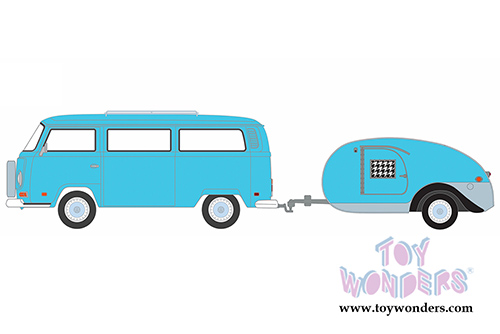 Greenlight - Hitch & Tow Series 8 | Volkswagen Type 2 Bus Blue and Teardrop Trailer (1972, 1/64 scale diecast model car, Turquoise) 32080C