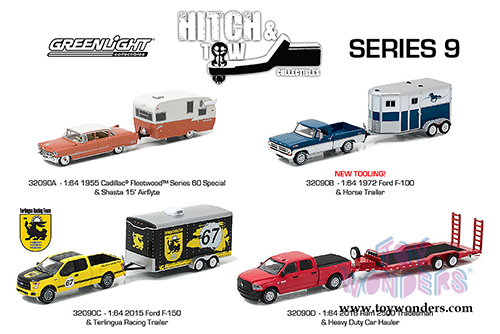 Greenlight - Hitch & Tow Series 9 | Ford F-100 and Horse Trailer (1972, 1/64 scale diecast model car, Blue w/White) 32090B