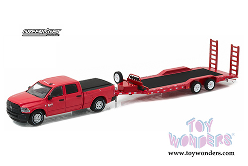 Greenlight - Hitch & Tow Series 9 | Dodge Ram 2500 and Heavy Duty Car Trailer (2016, 1/64 scale diecast model car, Red) 32090D