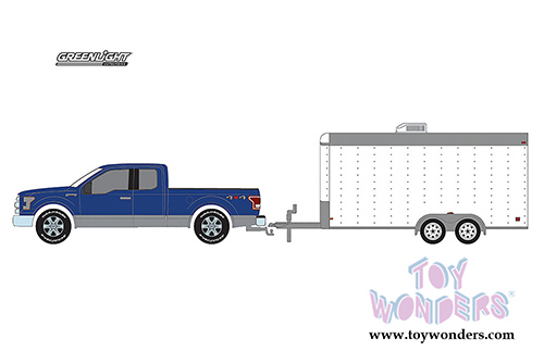 Greenlight - Hitch & Tow | Ford F-150 and Car Hauler trailer (2015, 1/64 scale diecast model car, Blue and White) 32091/48