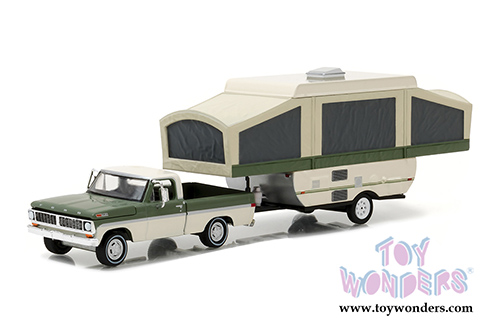 Greenlight - Hitch & Tow Series 10 | Ford F-100 Pickup and Pop Up Camper Trailer (1970, 1/64 scale diecast model car, Cream/Green) 32100B/48