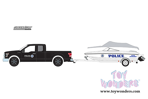 Greenlight - Hitch & Tow Series 10 | Ford F-150 Pickup and Homeland Security Marine Enforcement Police Boat (2015, 1/64 scale diecast model car, Black/White) 32100C/48 