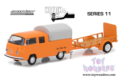 Greenlight - Hitch & Tow Series 11 | Volkswagen&reg; Type 2 Double Cab Pickup with Canopy and Utility Trailer (1978, 1/64 scale diecast model car, Orange) 32110A/48