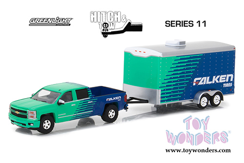 Greenlight - Hitch & Tow Series 11 | Chevrolet&reg; Silverado&trade; Pickup Truck Falken Tires and Enclosed Car Hauler (2015, 1/64 scale diecast model car, Green/Blue) 32110B/48