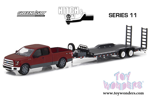 Greenlight - Hitch & Tow Series 11 | Ford F-150 with Heavy Duty Car Hauler (2015, 1/64 scale diecast model car, Burgundy) 32110C/48