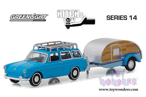 Greenlight - Hitch & Tow Series 14 | Volkswagen Type 3 Squareback with Tear Drop Trailer (1961, 1/64 scale diecast model car, Blue) 32140A/24