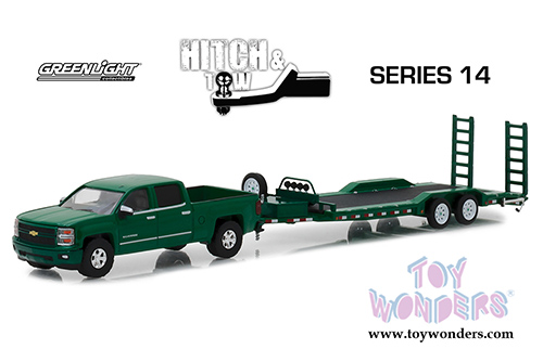 Greenlight - Hitch & Tow Series 14 | Chevrolet&reg; Silverado&trade; Pickup Truck and Heavy Duty Trailer (2015, 1/64 scale diecast model car, Metallic Green) 32140B/24