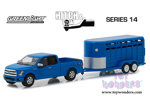 Greenlight - Hitch & Tow Series 14 | Ford F-150 with Blue Livestock Trailer (2016, 1/64 scale diecast model car, Blue) 32140C/24
