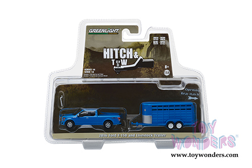 Greenlight - Hitch & Tow Series 14 | Ford F-150 with Blue Livestock Trailer (2016, 1/64 scale diecast model car, Blue) 32140C/24