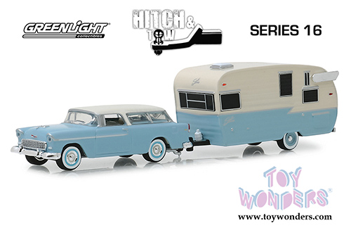 Greenlight - Hitch & Tow Series 16 | Chevrolet&reg; Nomad and Shasta Airflyte with Awning (1955, 1/64 scale diecast model car, Light blue/Cream) 32160A/24