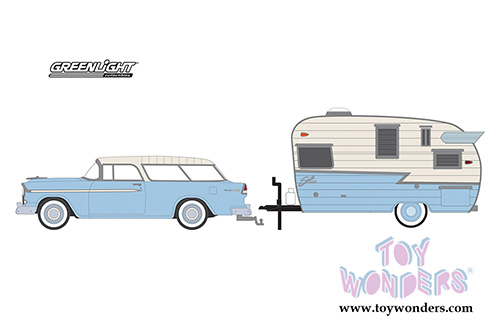 Greenlight - Hitch & Tow Series 16 | Chevrolet&reg; Nomad and Shasta Airflyte with Awning (1955, 1/64 scale diecast model car, Light blue/Cream) 32160A/24