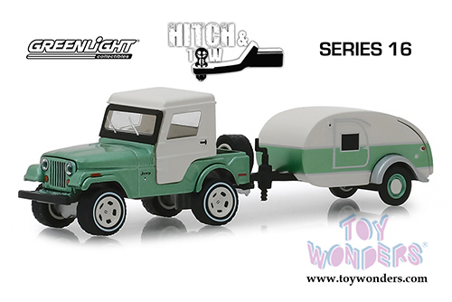 Greenlight - Hitch & Tow Series 16 | Jeep&reg; CJ-5 and Teardrop Trailer (1972, 1/64 scale diecast model car, Green/Cream) 32160B/24