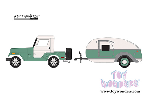 Greenlight - Hitch & Tow Series 16 | Jeep&reg; CJ-5 and Teardrop Trailer (1972, 1/64 scale diecast model car, Green/Cream) 32160B/24