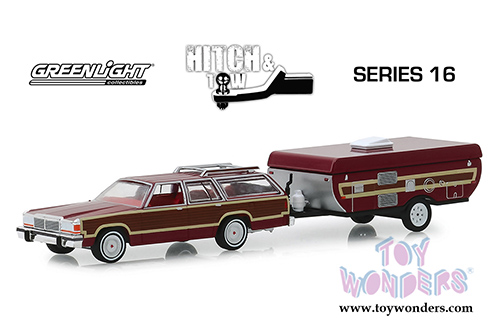 Greenlight - Hitch & Tow Series 16 | Ford LTD Country Squire and Pop-Up Camper Trailer (1981, 1/64 scale diecast model car, Dark Red) 32160C/24
