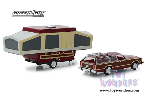 Greenlight - Hitch & Tow Series 16 | Ford LTD Country Squire and Pop-Up Camper Trailer (1981, 1/64 scale diecast model car, Dark Red) 32160C/24