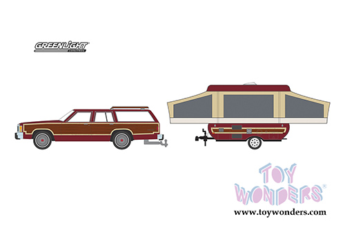 Greenlight - Hitch & Tow Series 16 | Ford LTD Country Squire and Pop-Up Camper Trailer (1981, 1/64 scale diecast model car, Dark Red) 32160C/24