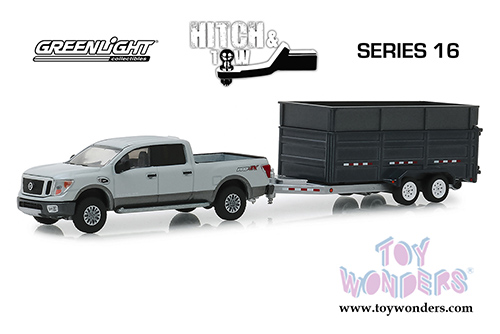 Greenlight - Hitch & Tow Series 16 | Nissan Titan XD Pro-4X Pickup Truck and Double-Axle Dump Trailer (2018, 1/64 scale diecast model car, Gray) 32160D/24