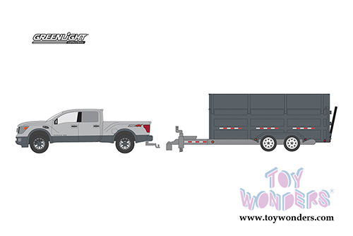 Greenlight - Hitch & Tow Series 16 | Nissan Titan XD Pro-4X Pickup Truck and Double-Axle Dump Trailer (2018, 1/64 scale diecast model car, Gray) 32160D/24