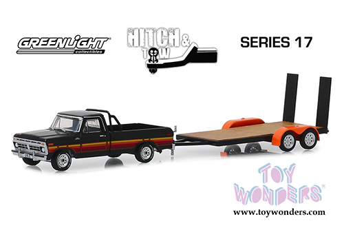 Greenlight - Hitch & Tow Series 17 | Ford F-100 Pickup Truck Black with Free Wheeling Stripes and Flatbed Trailer (1977, 1/64 scale diecast model car, Black) 32170B/24