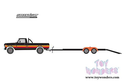 Greenlight - Hitch & Tow Series 17 | Ford F-100 Pickup Truck Black with Free Wheeling Stripes and Flatbed Trailer (1977, 1/64 scale diecast model car, Black) 32170B/24