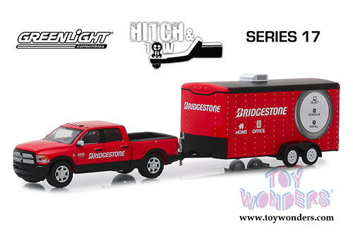 Greenlight - Hitch & Tow Series 17 | 2017 Dodge Ram 2500 Big Horn Pickup Truck and Enclosed Bridgestone Service Center Car Hauler (2017, 1/64 scale diecast model car, Red) 32170C/24
