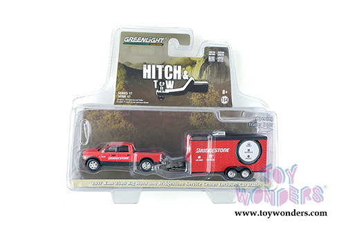 Greenlight - Hitch & Tow Series 17 | 2017 Dodge Ram 2500 Big Horn Pickup Truck and Enclosed Bridgestone Service Center Car Hauler (2017, 1/64 scale diecast model car, Red) 32170C/24