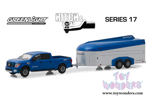 Greenlight - Hitch & Tow Series 17 | 2018 Nissan Titan XD Pro-4X Pickup Truck and Aerovault MKII Trailer (2018, 1/64 scale diecast model car, Dark Blue) 32170D/24