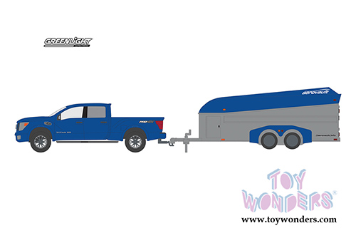 Greenlight - Hitch & Tow Series 17 | 2018 Nissan Titan XD Pro-4X Pickup Truck and Aerovault MKII Trailer (2018, 1/64 scale diecast model car, Dark Blue) 32170D/24